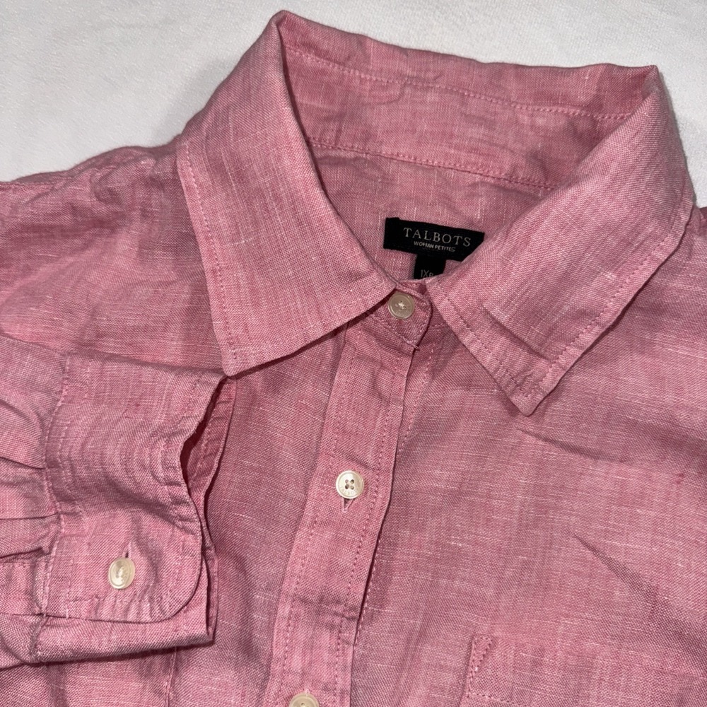 Talbots Shirt Women Petite 1XP Pink 100%‎ Linen Roll Tab Long Sleeve Coastal